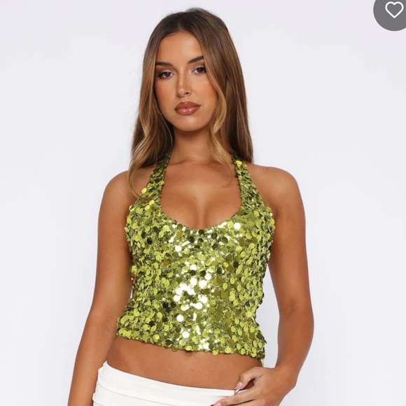 White Fox Boutique Small Just Over You Sequin Halter Top Kiwi Green, Crop Tank - Picture 2 of 13